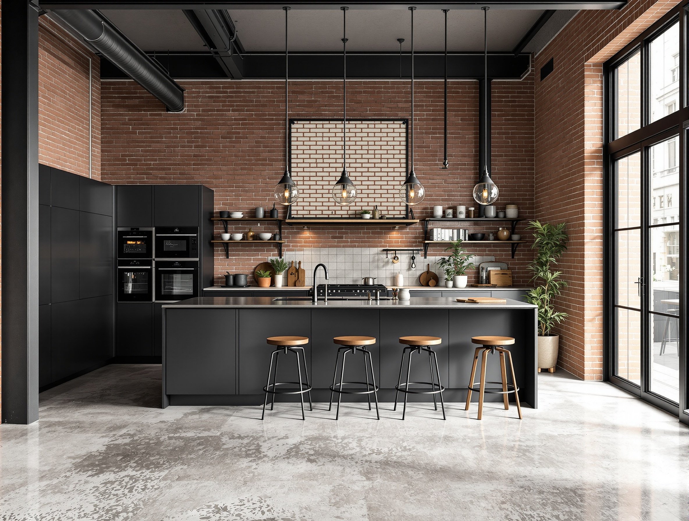 Industrie-Loft-Küche mit schwarzen Fronten