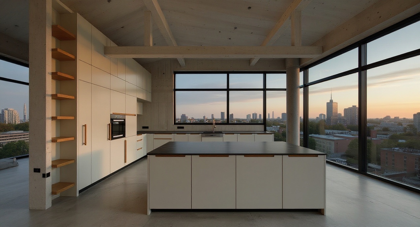 Loft-Küche mit Kochinsel und Skyline-Blick